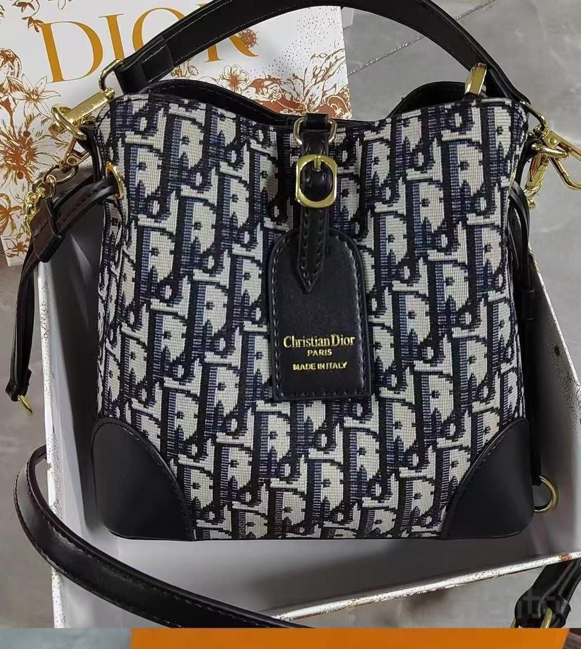 Dior Bag Oblique Pattern Canvas Bucket Black Leather Trim – product view