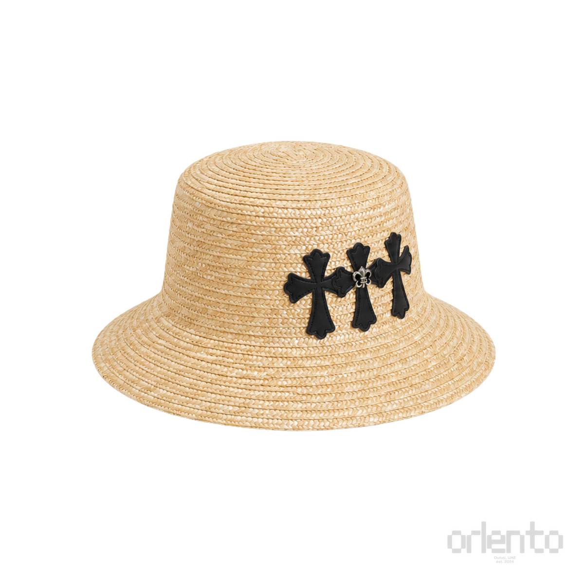 Chrome Hearts Leather Cross Straw Bucket Hat Beige Black – product view
