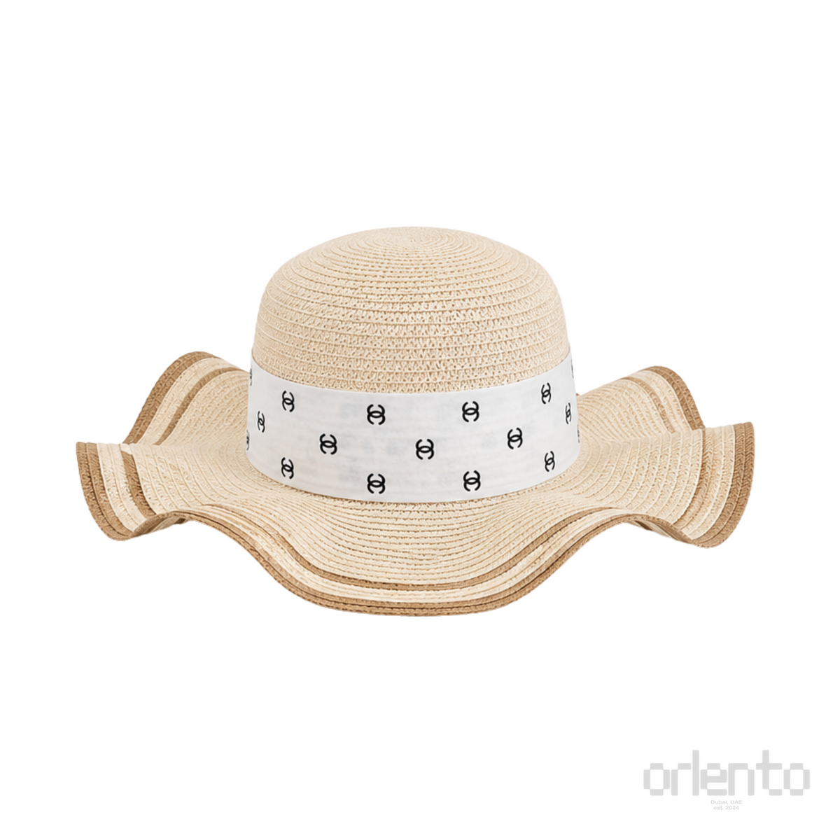Chanel Wide-Brim CC Denim Band Straw Hat Beige – product view