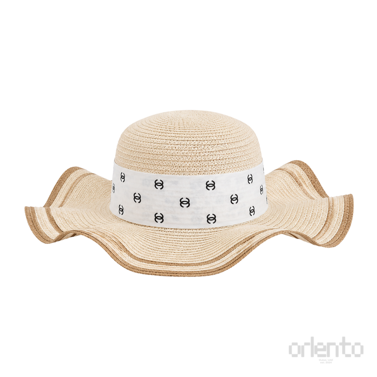 Chanel Wide-Brim CC Denim Band Straw Hat Beige – product view