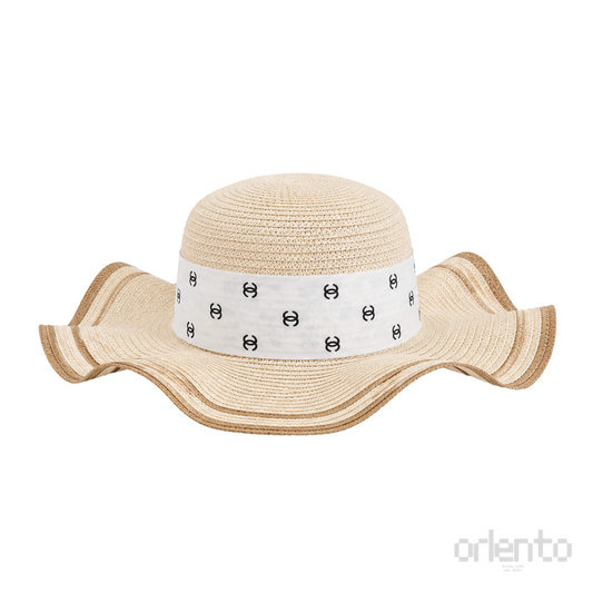 Chanel Wide-Brim CC Denim Band Straw Hat Beige – product view