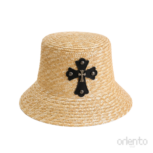 Chrome Hearts Cross Patch Straw Bucket Hat Natural Beige Black – product view