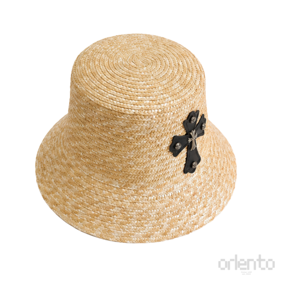 Chrome Hearts Cross Patch Straw Bucket Hat Natural Beige Black – product view