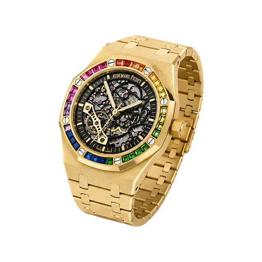 Audemars Piguet Rainbow Bezel Frosted Gold Skeleton Dial Gold Watch - image 2