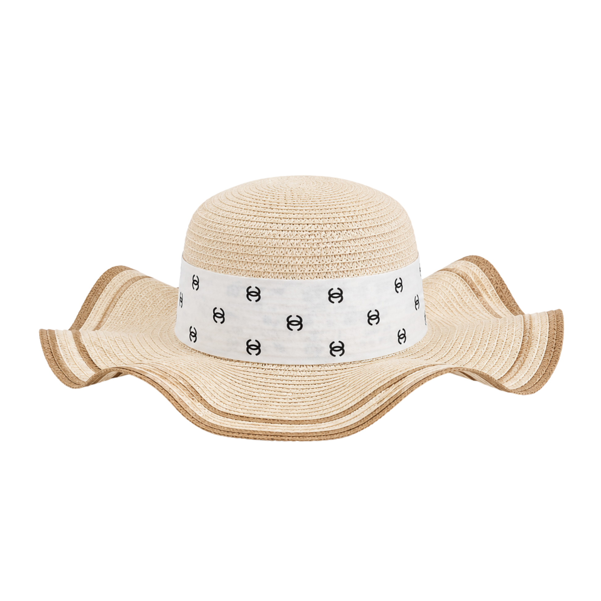 Chanel Wide-Brim CC Denim Band Straw Hat Beige – product view