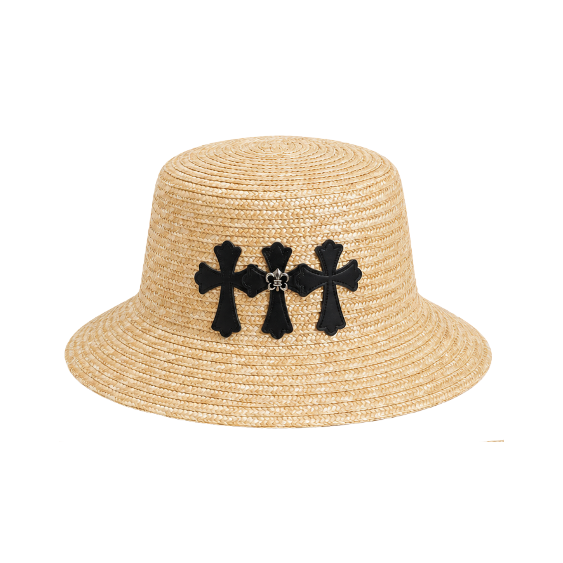 Chrome Hearts Leather Cross Straw Bucket Hat Beige Black – product view