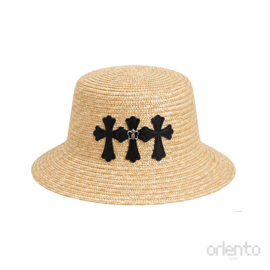 Chrome Hearts Leather Cross Straw Bucket Hat Beige Black – product view
