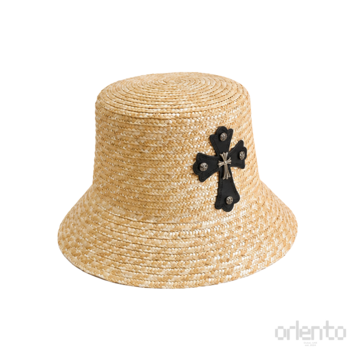 Chrome Hearts Cross Patch Straw Bucket Hat Natural Beige Black – product view