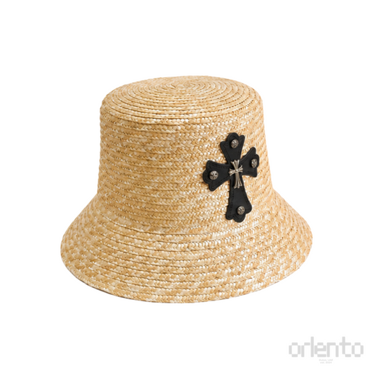 Chrome Hearts Cross Patch Straw Bucket Hat Natural Beige Black – product view
