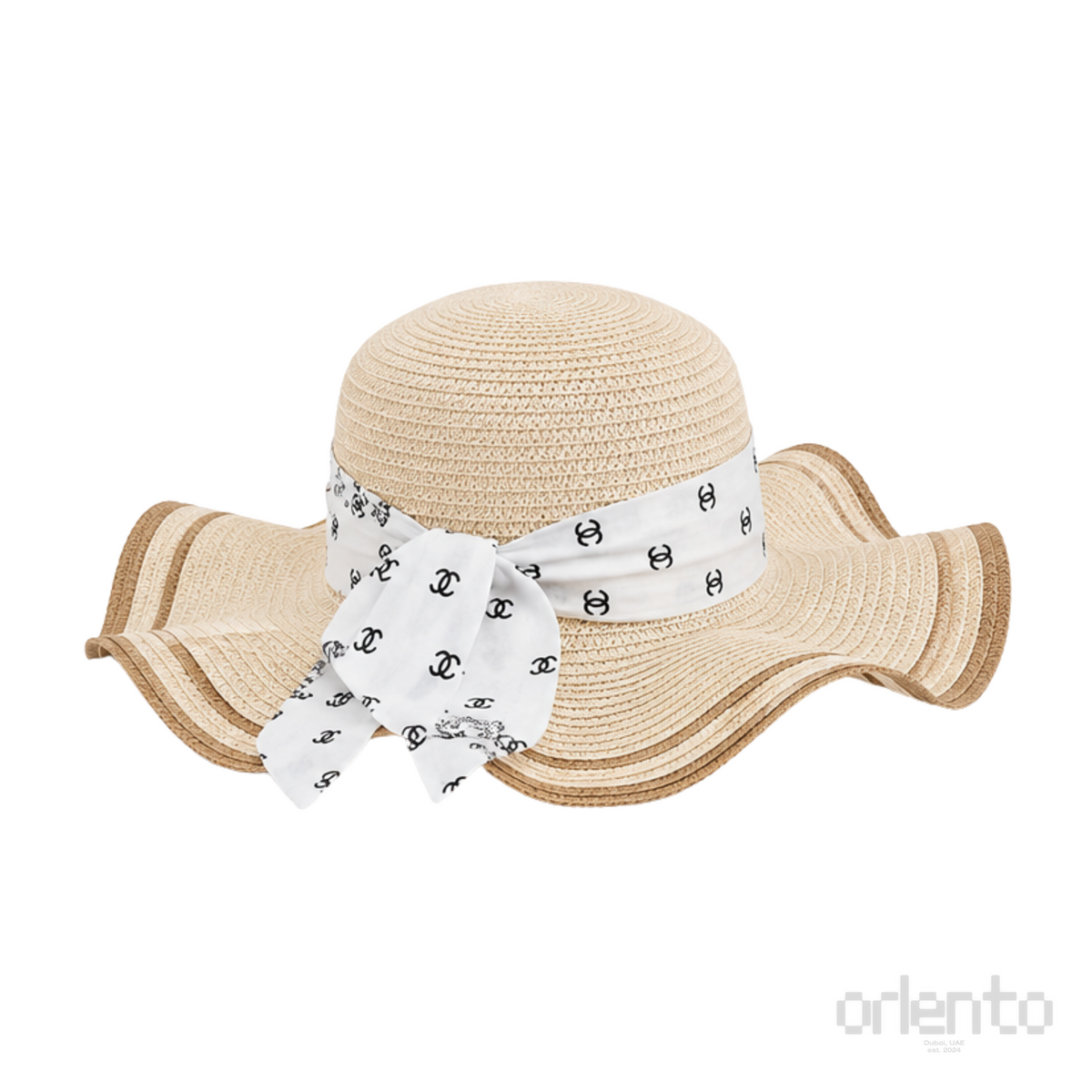 Chanel Wide-Brim CC Denim Band Straw Hat Beige – product view